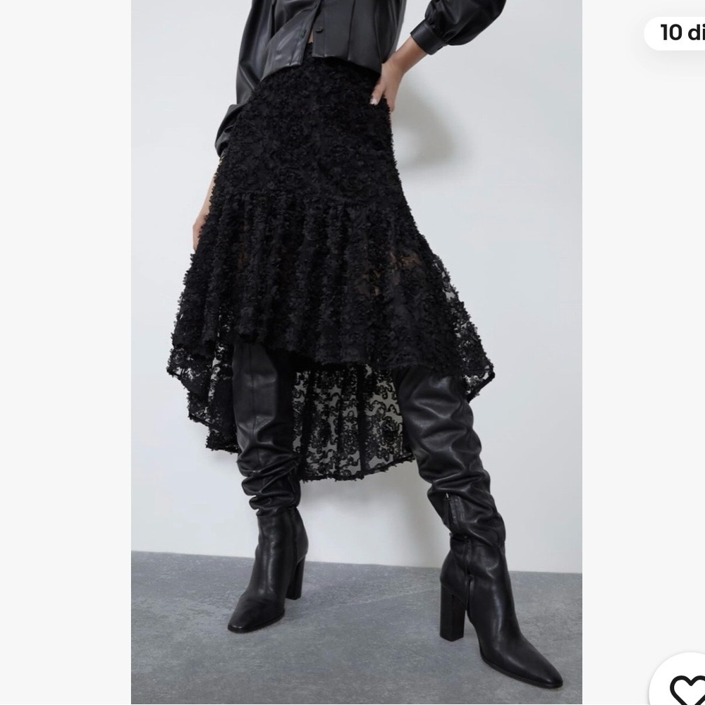 Zara Black Lace Midi Skirt Ruffle 3D Texture Fairy Witchy Whimsy‎ Goth Romantic